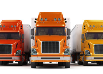 Red, orange and yellow trucks isolated on white background